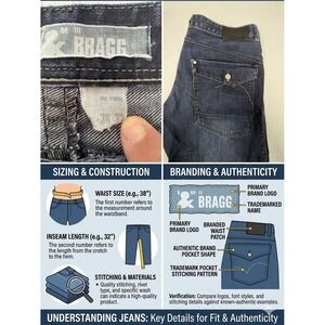BRAGG Men's Relaxed Straight Jeans 38x31 Dark Wash Blue Denim Flap Pocket